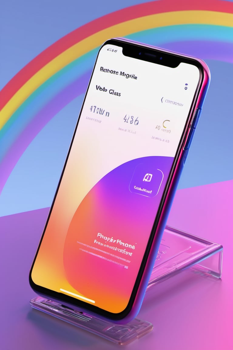 3d render concept art, octane, redshift, unreal engine 5, minimalistic, realistic, web interface, ux ui design, 1smartphone, presentation, idea, cinema 4d, figma, gradient, (rainbow, rainbow phone, glass, glassmorphism, dispersion:1.5)