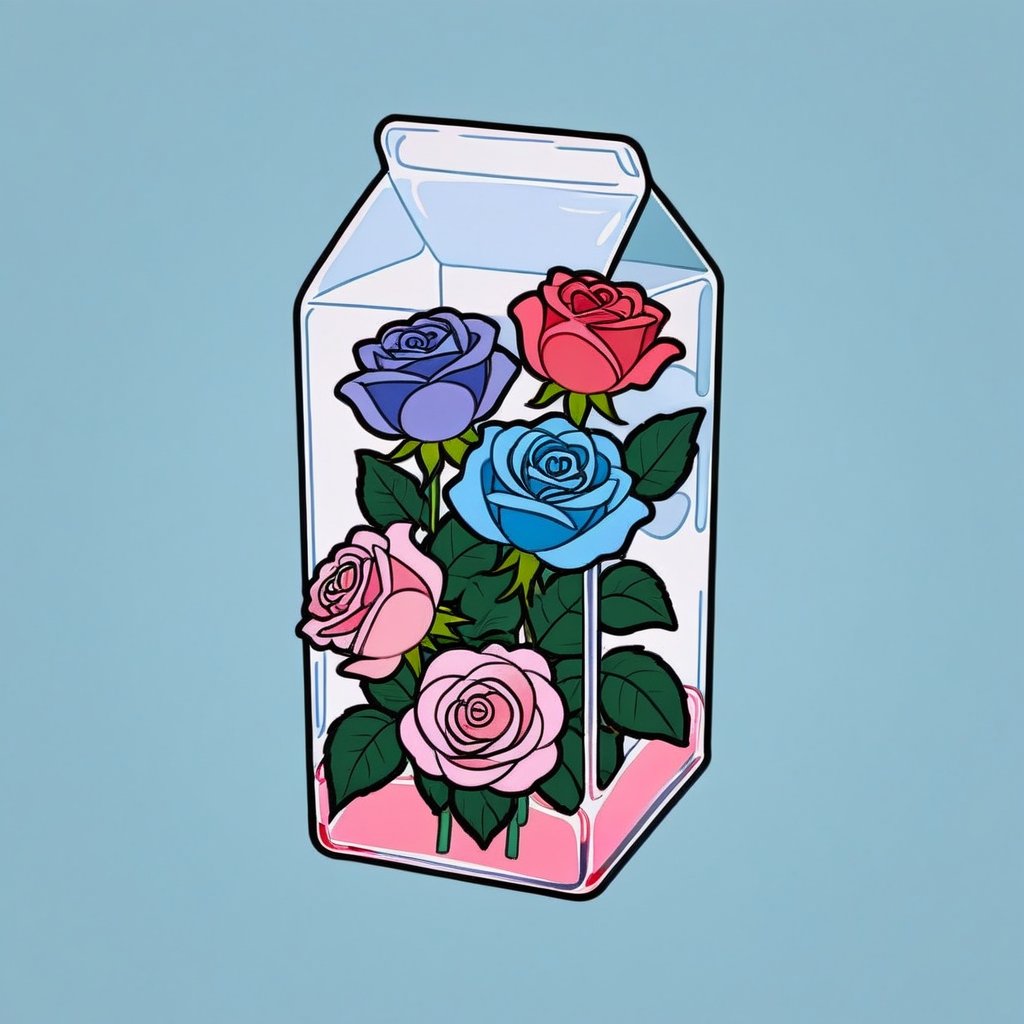 a glass milk carton filled with roses, cold colors, simple background, cutestickers, (sticker:1.4), art, (big fat stroke:1.2), cute comic, minimalistic, ohwx style

