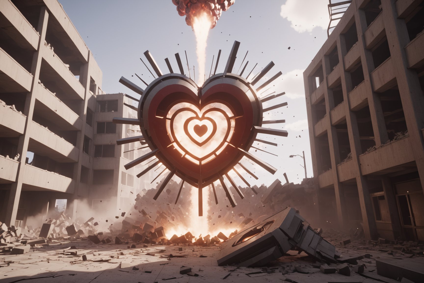 (atomic heart game), volumetric light, fractals, explosion, epic heatwave, epic shockwave, soundwave, brutalism, building destruction, avengers style, Movie Still