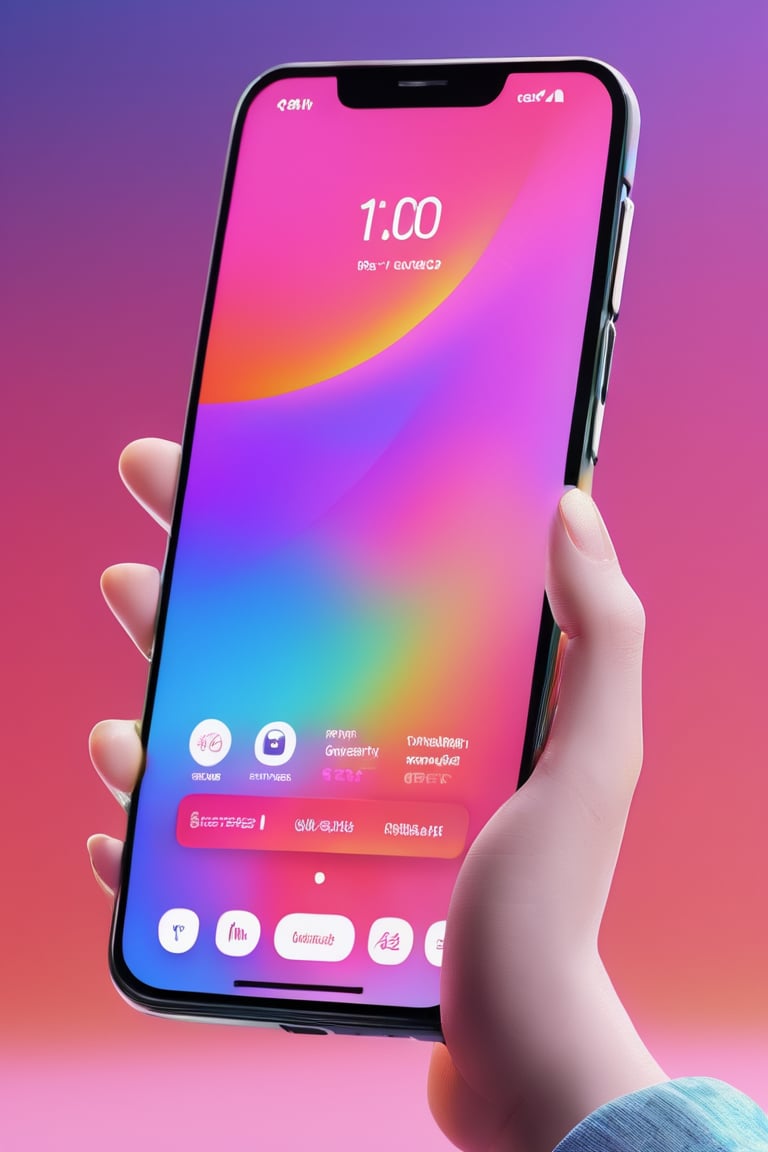 3d render concept art, octane, redshift, unreal engine 5, minimalistic, realistic, web interface, ux ui design, 1smartphone, presentation, idea, cinema 4d, figma, gradient, rainbow, rainbow phone, (glass, glassmorphism, dispersion:1.5), 1girl, (the girl is holding a smartphone:1.2), ads