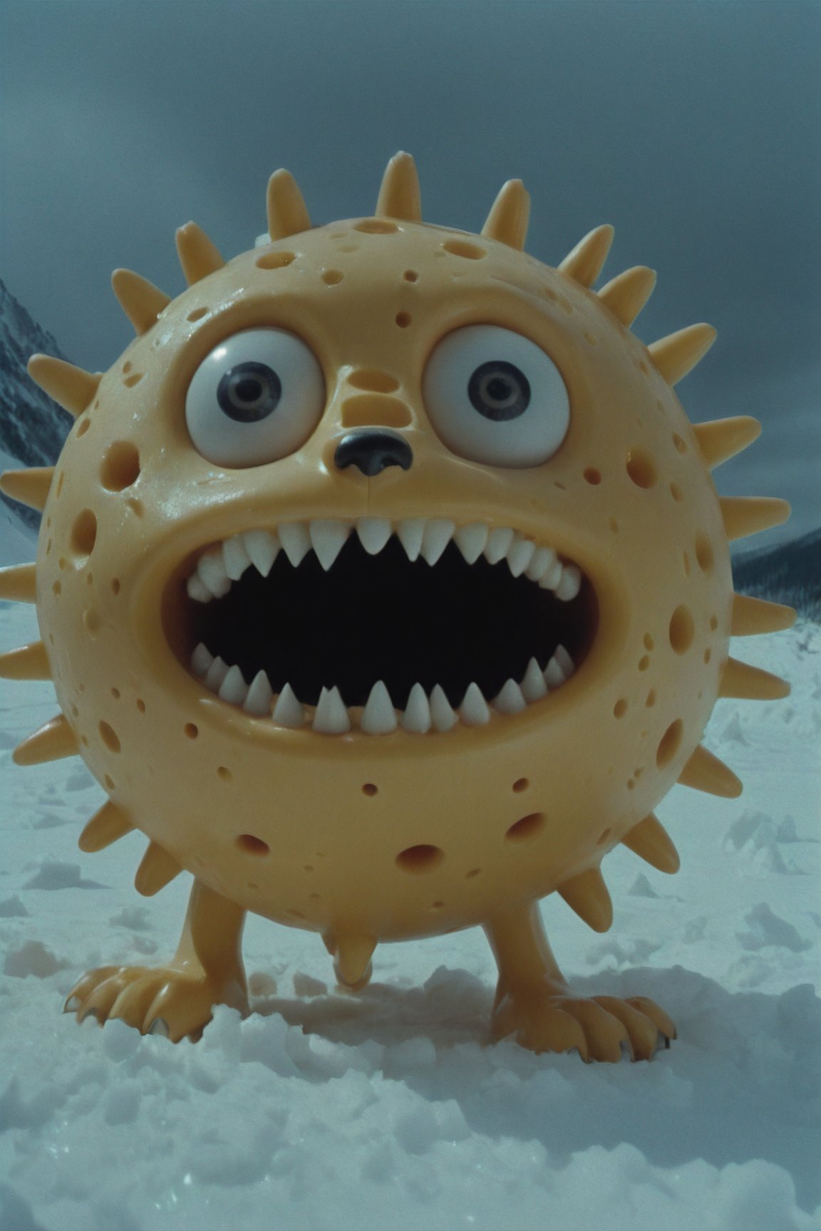 (Kodak:1.1), mutated explosion of scary cheese [cheese: bear: 0.5], looking into the camera, (he scared:1.6), bad weather, godrays, snow and sun, Movie Still,Movie Still,Film Still