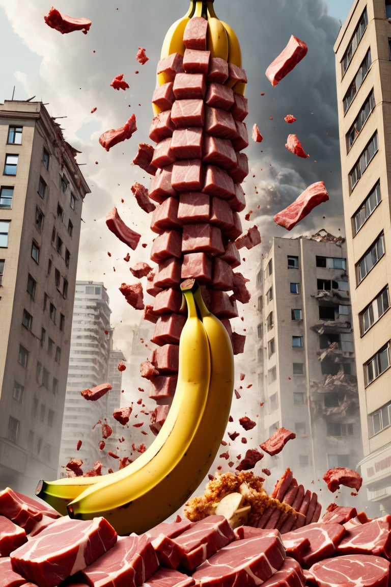 (meat banana:1.3), advertising, volumetric light, fractals, explosion, epic heatwave, epic shockwave, pieces of meat around, soundwave, (USSR poster style:1.3), building destruction, avengers style, Movie Still,Movie Still