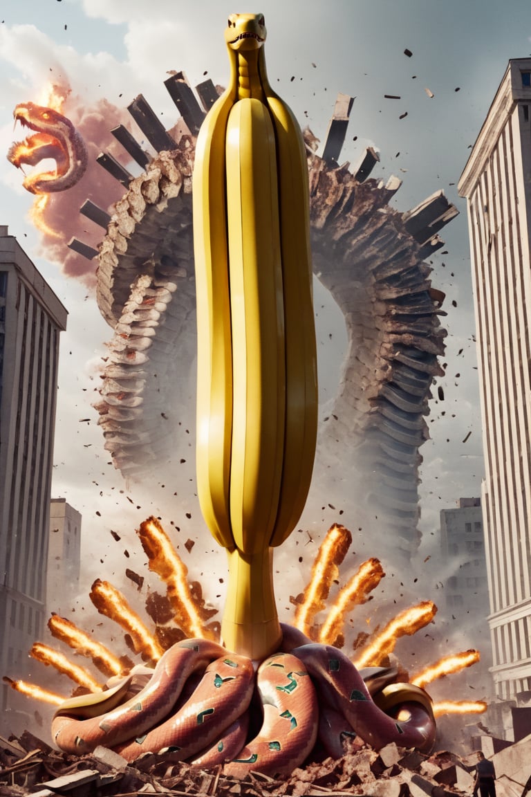 medium monster [banana: snake: 0.5], advertising, volumetric light, fractals, explosion, epic heatwave, epic shockwave, pieces of meat around, soundwave, (USSR poster style:1.3), building destruction, avengers style, Movie Still,Movie Still,Film Still