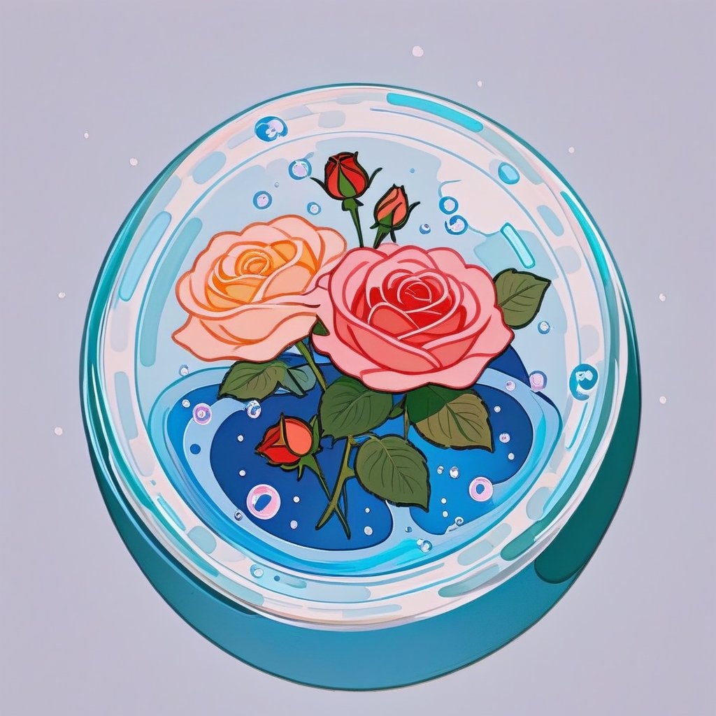 a cute glass soap with roses, cold colors, stylized, detailed, simple background, cutestickers, (sticker:1.1), art, (big fat stroke:1.3), ohwx