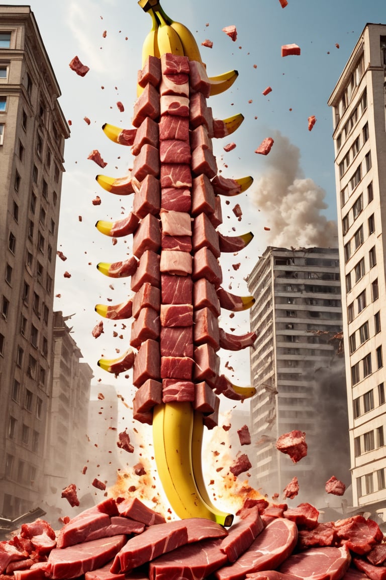 (meat banana:1.3), advertising, volumetric light, fractals, explosion, epic heatwave, epic shockwave, pieces of meat around, soundwave, (USSR poster style:1.3), building destruction, avengers style, Movie Still,Movie Still