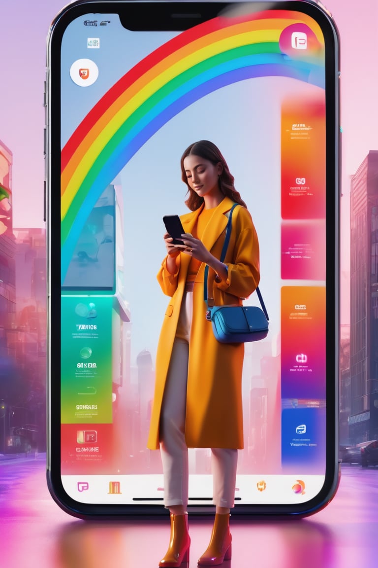 3d render concept art, octane, redshift, unreal engine 5, minimalistic, realistic, web interface, ux ui design, 1smartphone, presentation, idea, cinema 4d, figma, gradient, rainbow, rainbow phone, (glass, glassmorphism, dispersion:1.5), 1girl, (the girl is holding a smartphone:1.2), ads