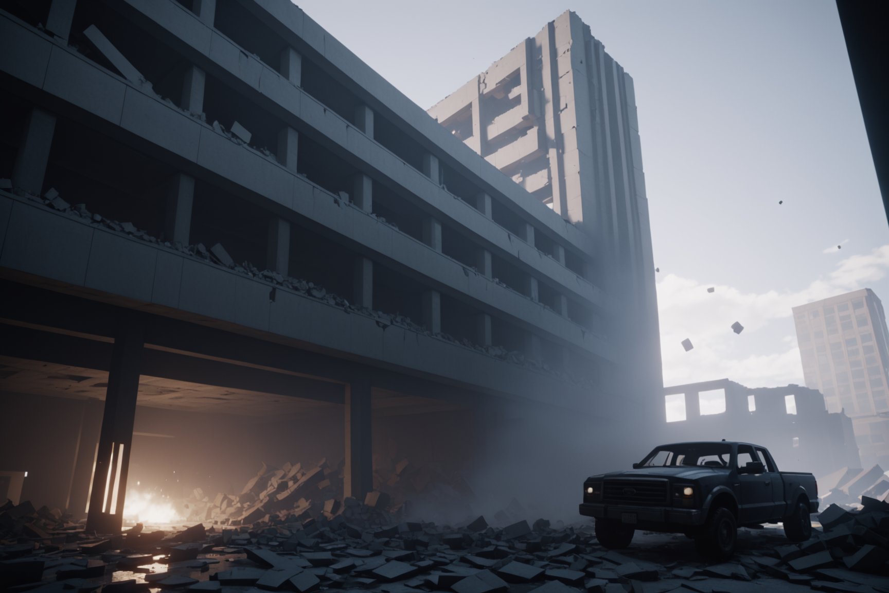 (Control game), remedy, by Sam lake, volumetric light, brutalism, building destruction, avengers style, Movie Still