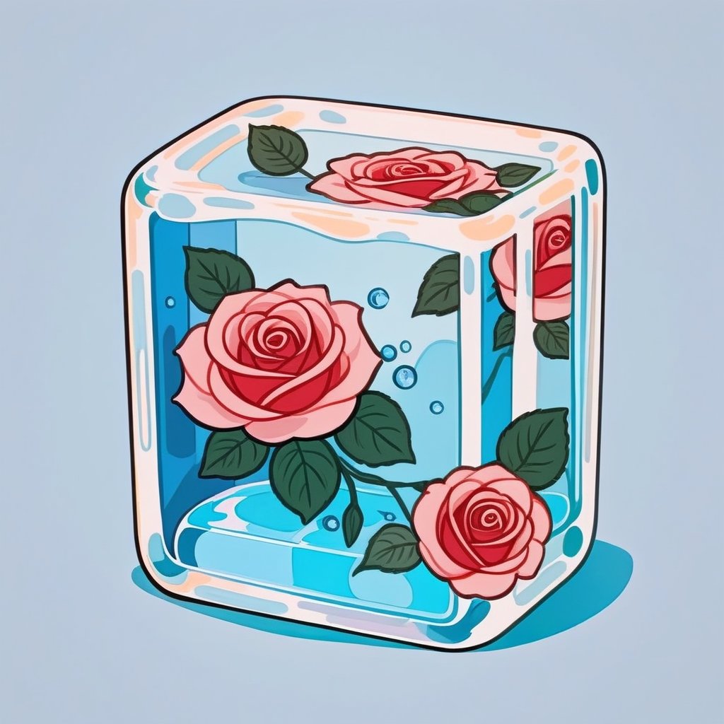 a cute glass soap with roses, cold colors, stylized, simple background, cutestickers, (sticker:1.4), art, (big fat stroke:1.2), ohwx style