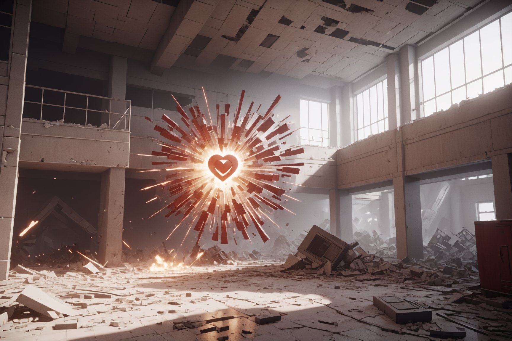 (atomic heart game), volumetric light, fractals, explosion, epic heatwave, epic shockwave, soundwave, brutalism, (USSR poster style:1.3), building destruction, avengers style, Movie Still