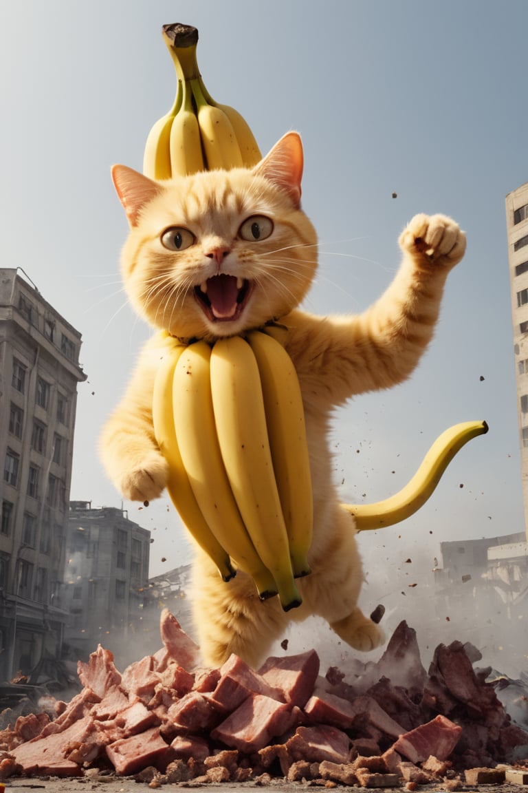 medium banana cat [banana: cat: 0.5], advertising, volumetric light, fractals, explosion, epic heatwave, epic shockwave, pieces of meat around, soundwave, (USSR poster style:1.3), building destruction, avengers style, Movie Still,Movie Still,Film Still