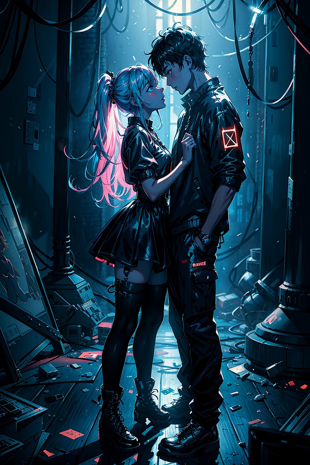 Boy_and_girl_making_out_in_dungeon ((masterpiece, best quality, highres:1.2)) centered, glowing multicolored eyes, dual tone light source, colorful set, back light, glow sparkle, plump lips, dinamic angle, big reflective eyes, masterpiece, cinematic, forest, masterpiece,best quality,official art,extremely detailed CG unity 8k wallpaper