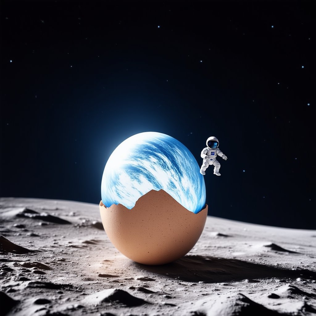 a tiny astronaut hatching from an egg on the moon