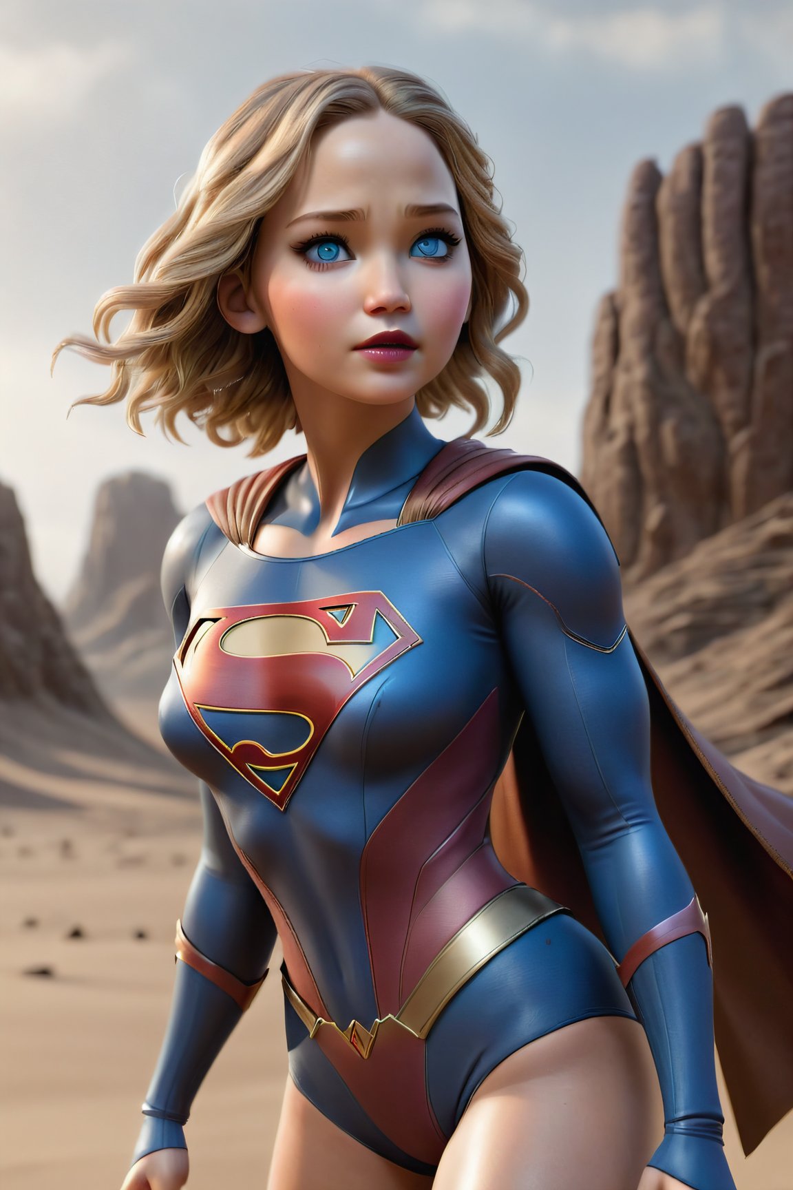 full body , masterpiece, 1girl, solo, photo of supergirl costume , (full body),  fighting pose, legs, boot, tight bodysuit, looking at viewer, tan skin, sagging breast, makeup, dark lips, floating in dessert, detailed skin, detailed eyes, depth of field, 8k uhd, dslr, dim lighting, high quality, film grain, detailed eyes, unreal engine 5, detailed face, perfect anatomy,
,Movie Still,Film Still,Leonardo Style,HZ Steampunk, jennifer lawrence