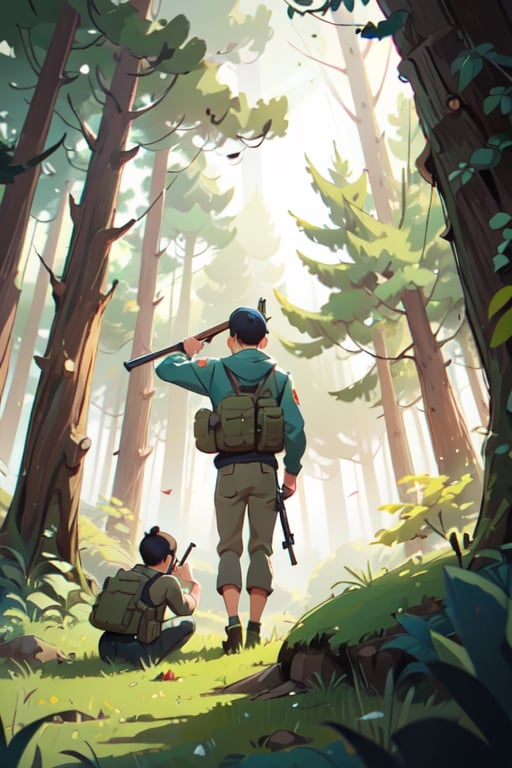 (illustration of five man aim the gun ), background at the forest, looked from afar, art by Atey Ghailan,masterpiece,