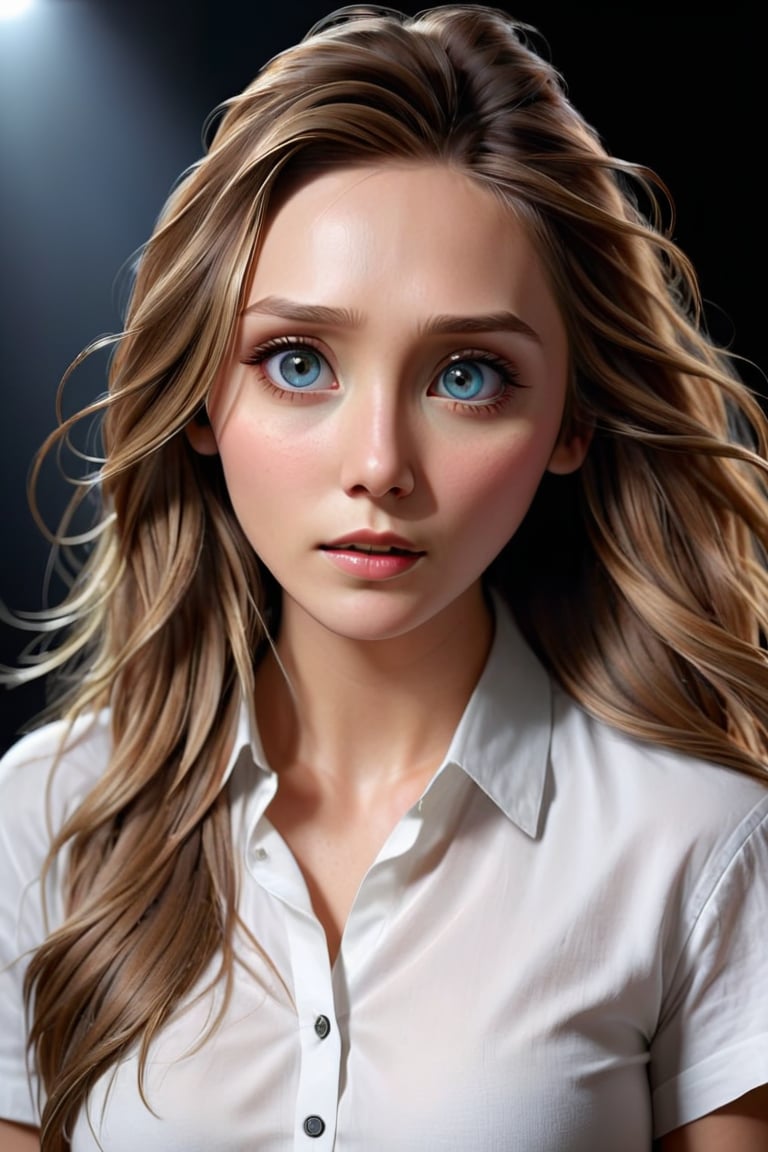 photorealistic, masterpiece, upper body, best quality, raw photo, 1girl, long hair, detailed eyes and face, sagging breast, white shirt, dynamic lighting, in the dark, deep shadow, low key,yua_mikami,elizabeth olsen