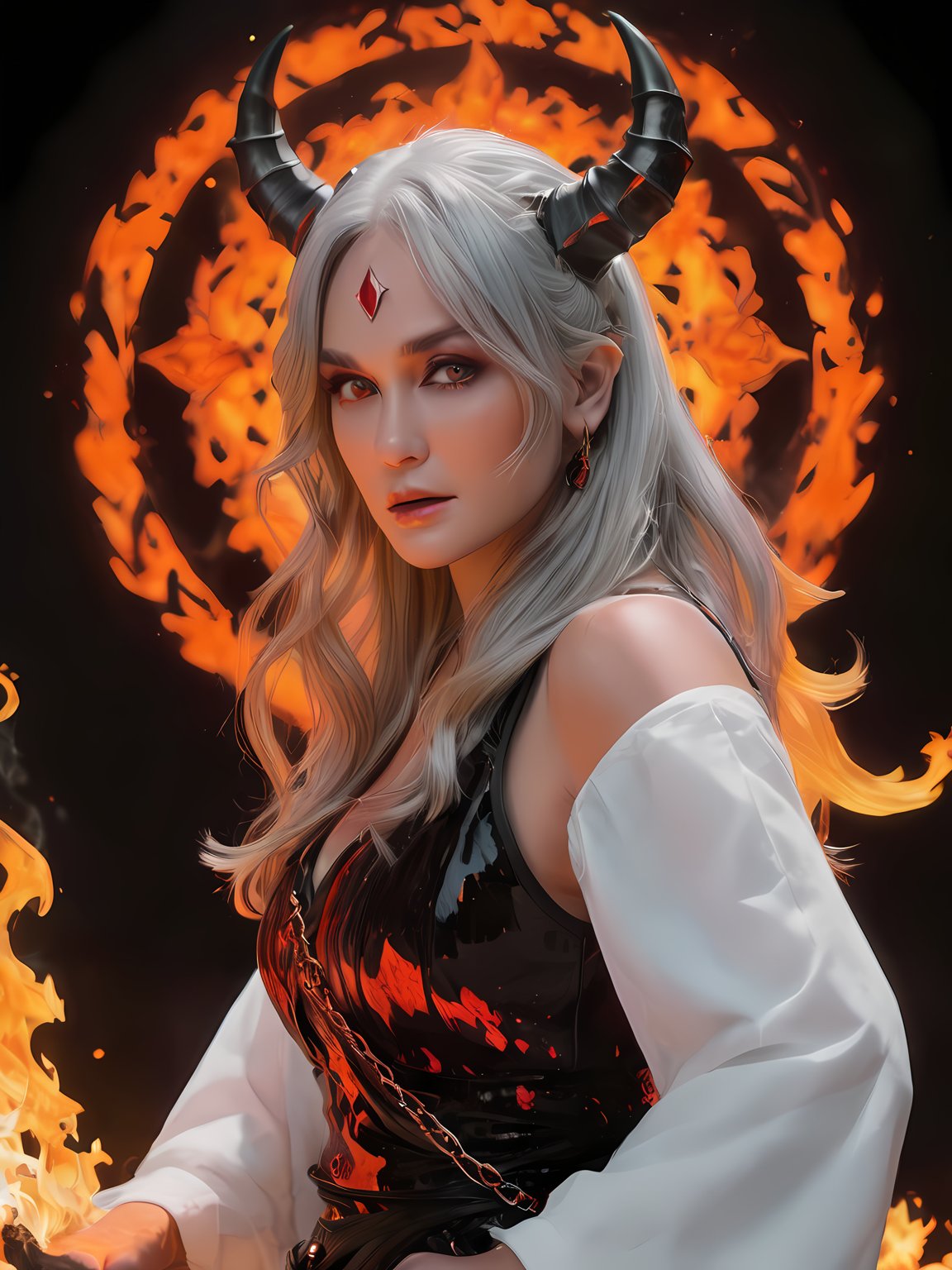 (cute demoness with flame horns, flaming veins), (masterpiece, best quality, ultra-detailed, best shadow), (detailed background,dark fantasy), (beautiful detailed face), high contrast, (best illumination, an extremely delicate and beautiful), ((cinematic light)), colorful, hyper detail, dramatic light, intricate details, (1girl, solo,white hair, sharp face, amber eyes, hair between eyes,dynamic angle), blood splatter, swirling black light around the character, depth of field,black light particles,(broken glass),magic circle, full body, ,lun4