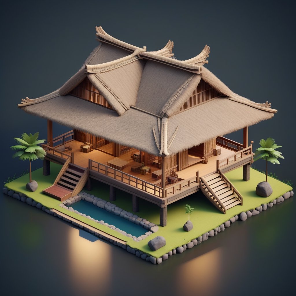 cute 3D isometric model of large baduy house | blender render engine niji 5 style expressive,3d isometric,3d style,