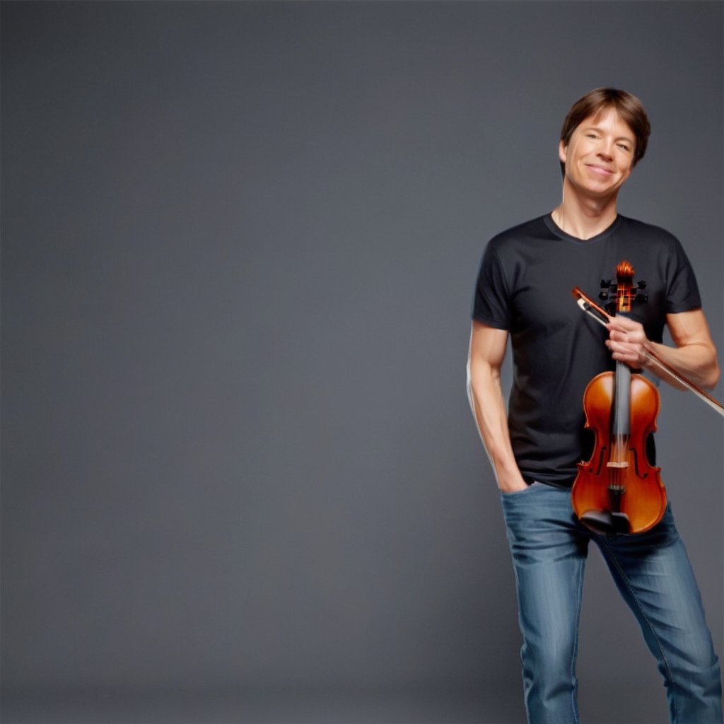 illustration of JOSHUA BELL wearing black t shirt, blue denim jeans,  simple background, playing violin, masterpiece, perfect anatomy, full body, 