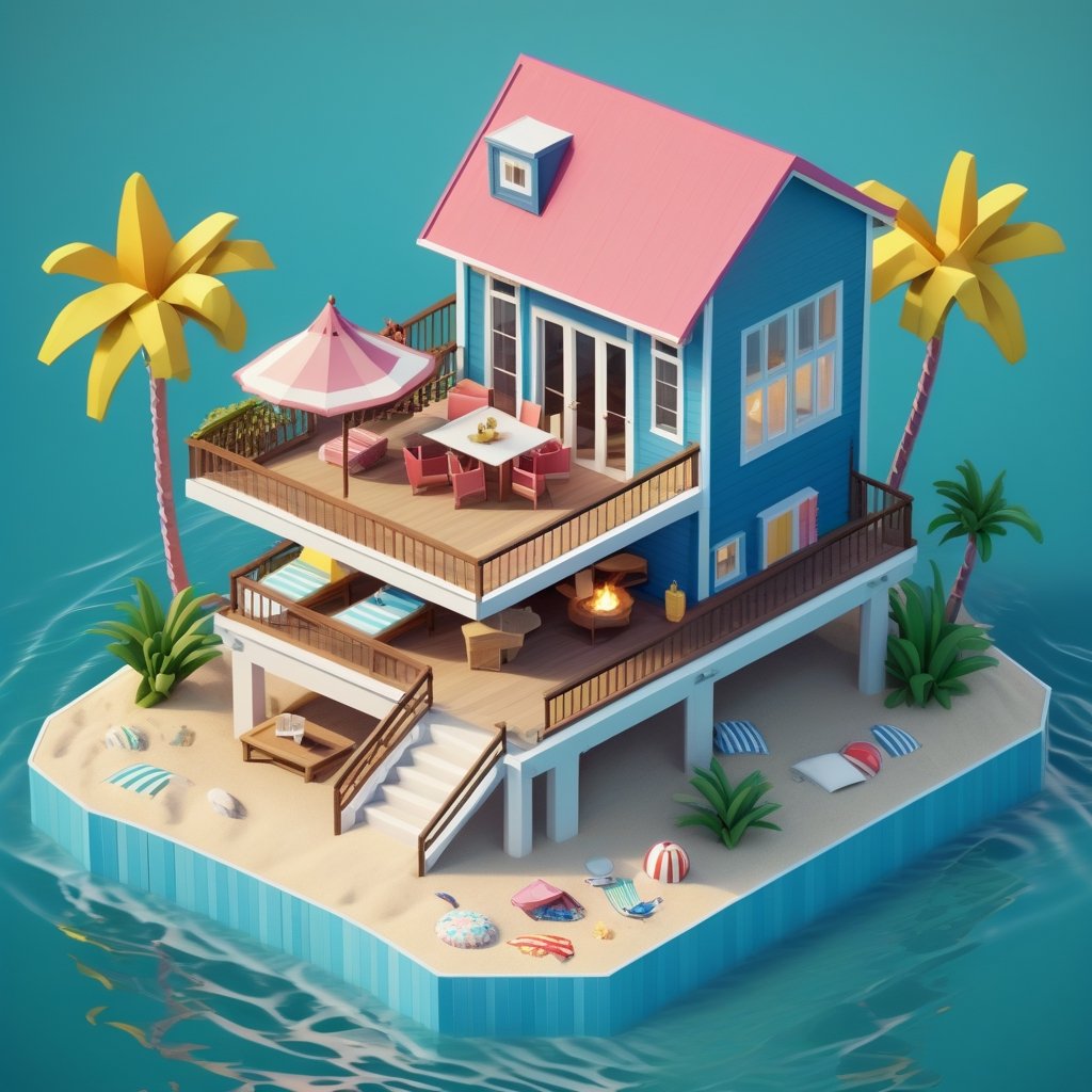 cute 3D isometric model of beach house | blender render engine niji 5 style expressive,3d isometric,3d style,