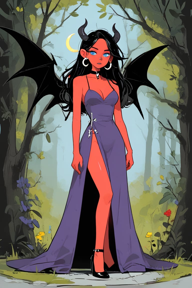 1girl, solo, horns, earrings, jewelry, breasts, cleavage, black footwear, black hair, blue eyes, choker, colored skin, crescent, crescent earrings, cross, cross earrings, demon girl, demon horns, demon wings, dress, full body, high heels, long hair, looking at viewer, purple dress, purple lips, red skin, side slit, standing, wings, yellow gemstone, outdoors, nature, day