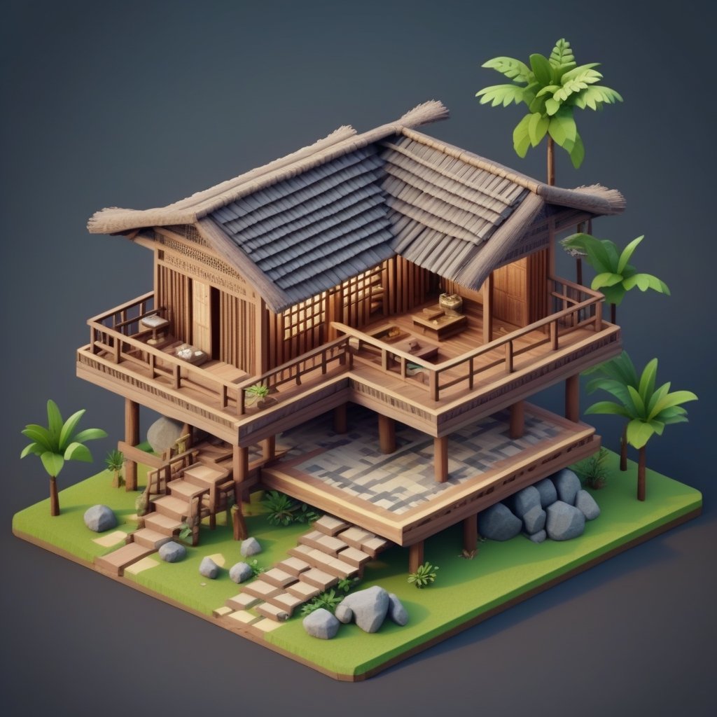 cute 3D isometric model of 3 level baduy house | blender render engine niji 5 style expressive,3d isometric,3d style,