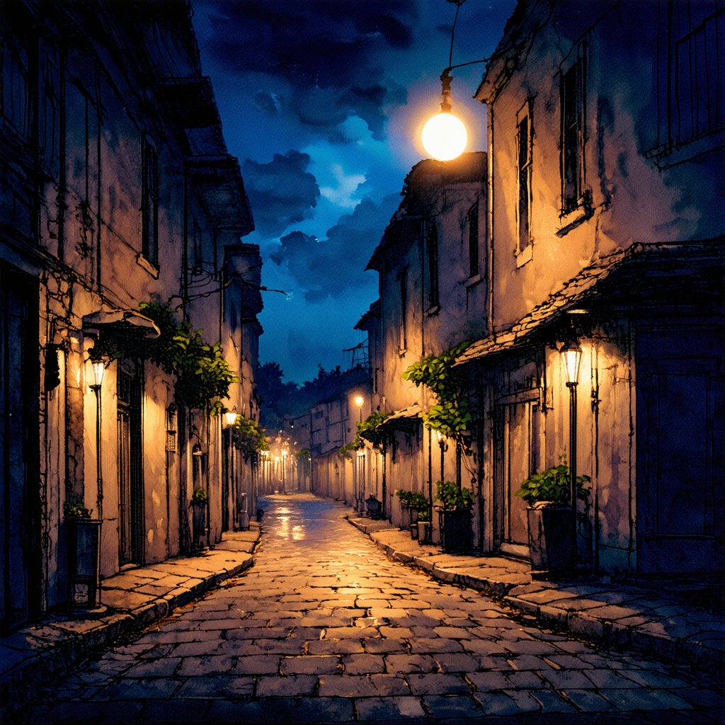 Fantasy realistic watercolor painting art of district at night, quiet, quiet, eerie, dark environment