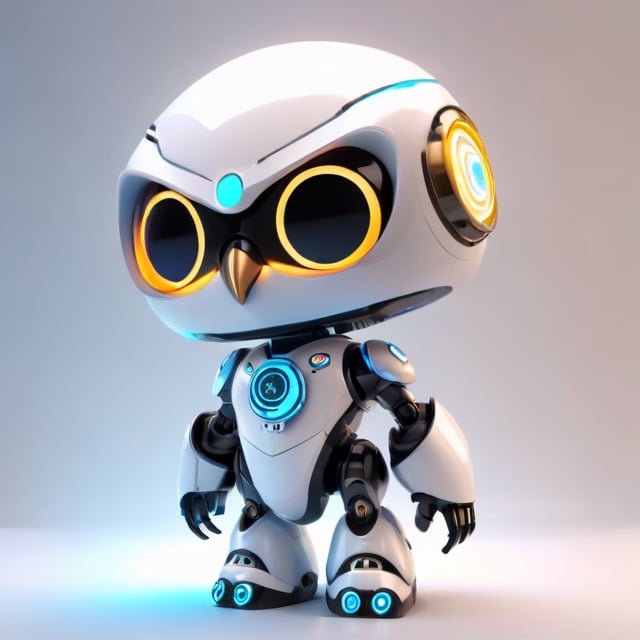 centered, ((solo)), digital art, full body, | cute of robot wearing owl helmet, chibi, black and blue sky futuristic, neon lights, | (white background:1.2), simple background, | (symetrical), glowing eyes, ((text " TA" on head, number " 10 " on chest,)), ,Monster