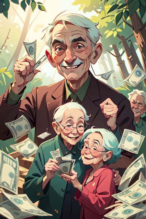 (illustration of some old people hold of money eith both hand, happy face), background at the forest, looked from medium, art by Atey Ghailan,masterpiece