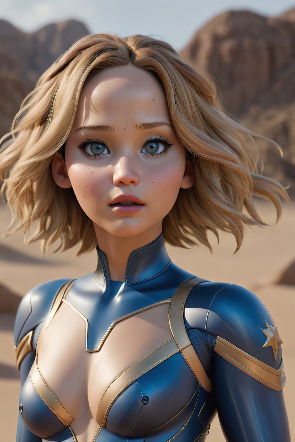 full body , masterpiece, 1girl, solo, photo of stargirl costume , (full body),  fighting pose, legs, boot, tight bodysuit, looking at viewer, tan skin, sagging breast, makeup, dark lips, floating in dessert, detailed skin, detailed eyes, depth of field, 8k uhd, dslr, dim lighting, high quality, film grain, detailed eyes, unreal engine 5, detailed face, perfect anatomy,
,Movie Still,Film Still,Leonardo Style, jennifer lawrence