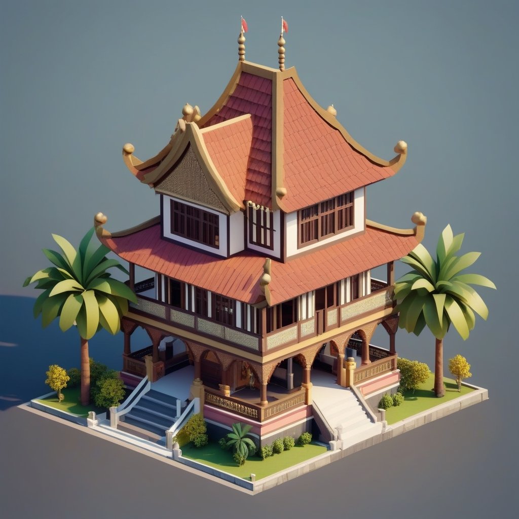 cute 3D isometric model of gadang house minangkabau | blender render engine niji 5 style expressive,3d isometric,3d style,