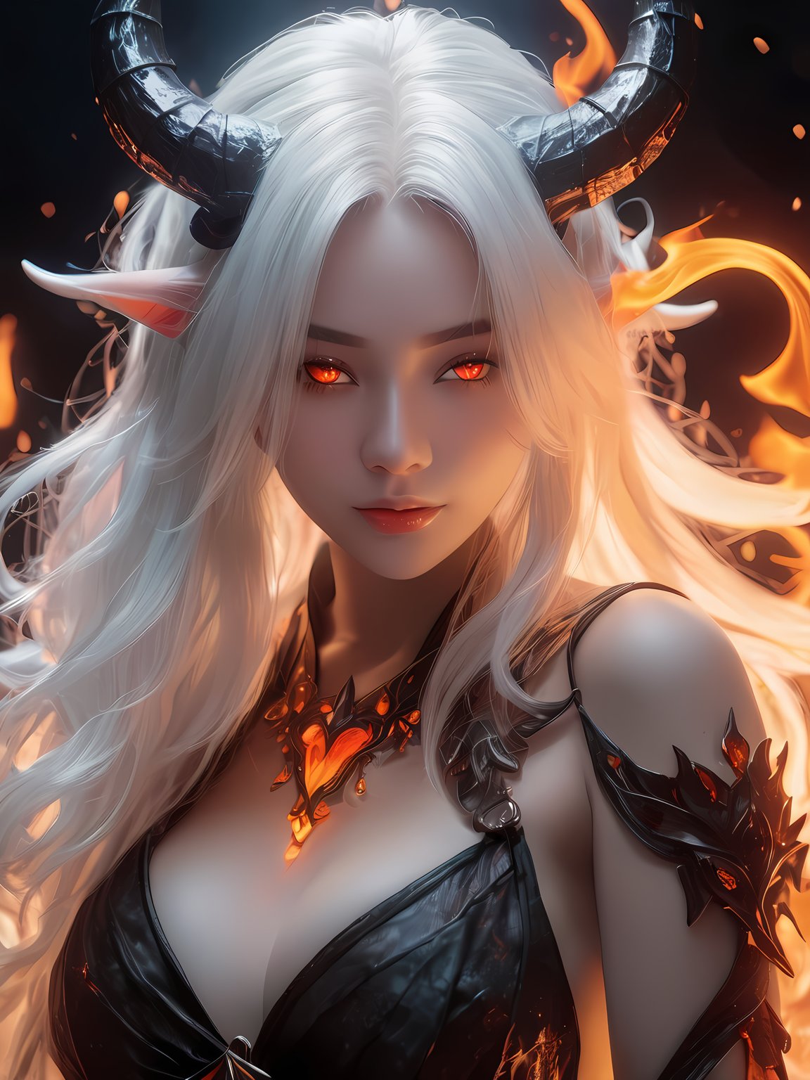 (cute demoness with flame horns, flaming veins), (masterpiece, best quality, ultra-detailed, best shadow), (detailed background,dark fantasy), (beautiful detailed face), high contrast, (best illumination, an extremely delicate and beautiful), ((cinematic light)), colorful, hyper detail, dramatic light, intricate details, (1girl, solo,white hair, sharp face, amber eyes, hair between eyes,dynamic angle), blood splatter, swirling black light around the character, depth of field,black light particles,(broken glass),magic circle, full body, ,b3rli