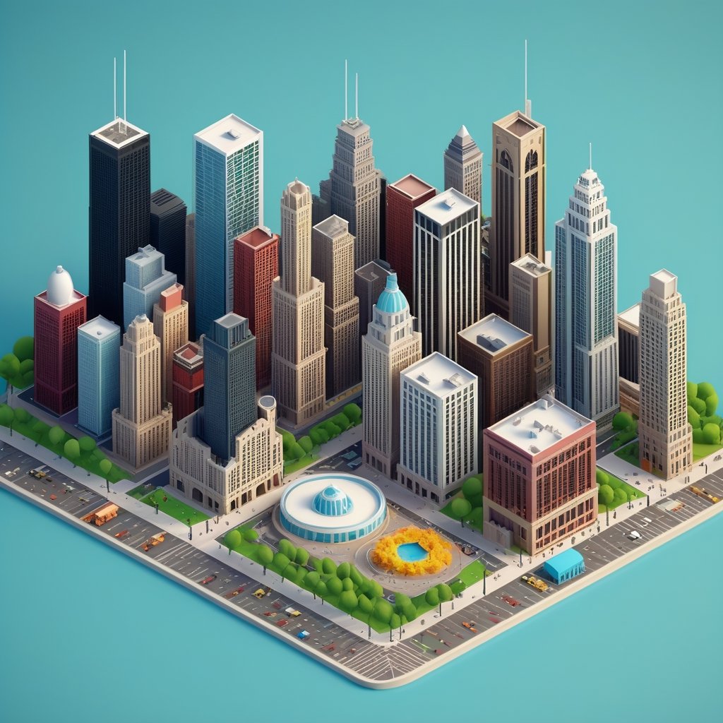cute 3D isometric model of chicago city | blender render engine niji 5 style expressive,3d isometric,3d style,