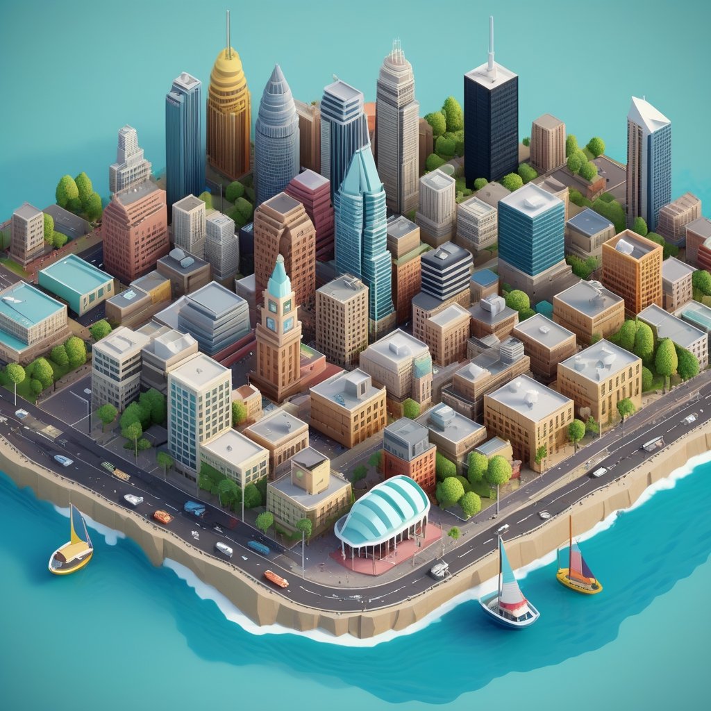 cute 3D isometric model of sydney city | blender render engine niji 5 style expressive,3d isometric,3d style,