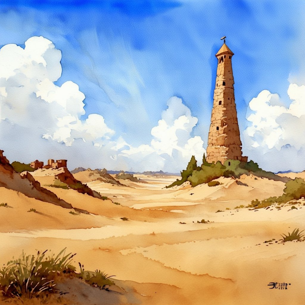 Fantasy realistic watercolor painting art of an wasteland city full of sands. A tall stone tower rises into the cloudless sky off in the distance. Background is watercolor splotches, there adventurer seen from afar 