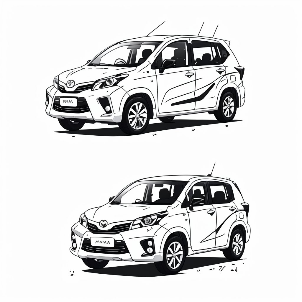 coloring book, bold line art.  White and black minimalistic draw coloring page for a toyota avanza. Defined lines. Clean Drawn. Vector, Coloring Page, Bold line art, Coloring Book, Outline
