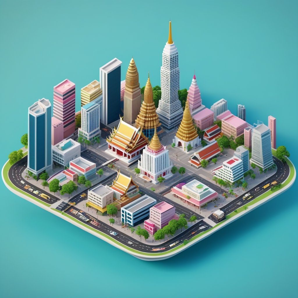 cute 3D isometric model of bangkok city | blender render engine niji 5 style expressive,3d isometric,3d style,