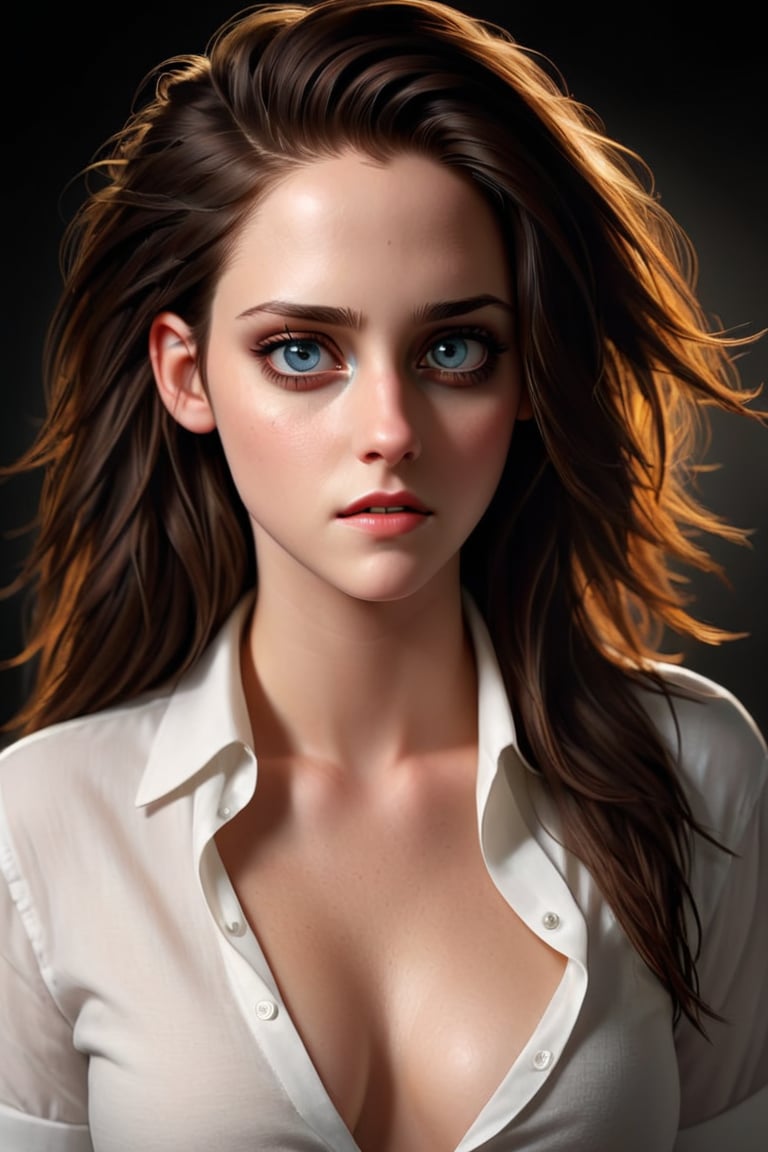 photorealistic, masterpiece, upper body, best quality, raw photo, 1girl, long hair, detailed eyes and face, sagging breast, white shirt, dynamic lighting, in the dark, deep shadow, low key,kristen stewart
