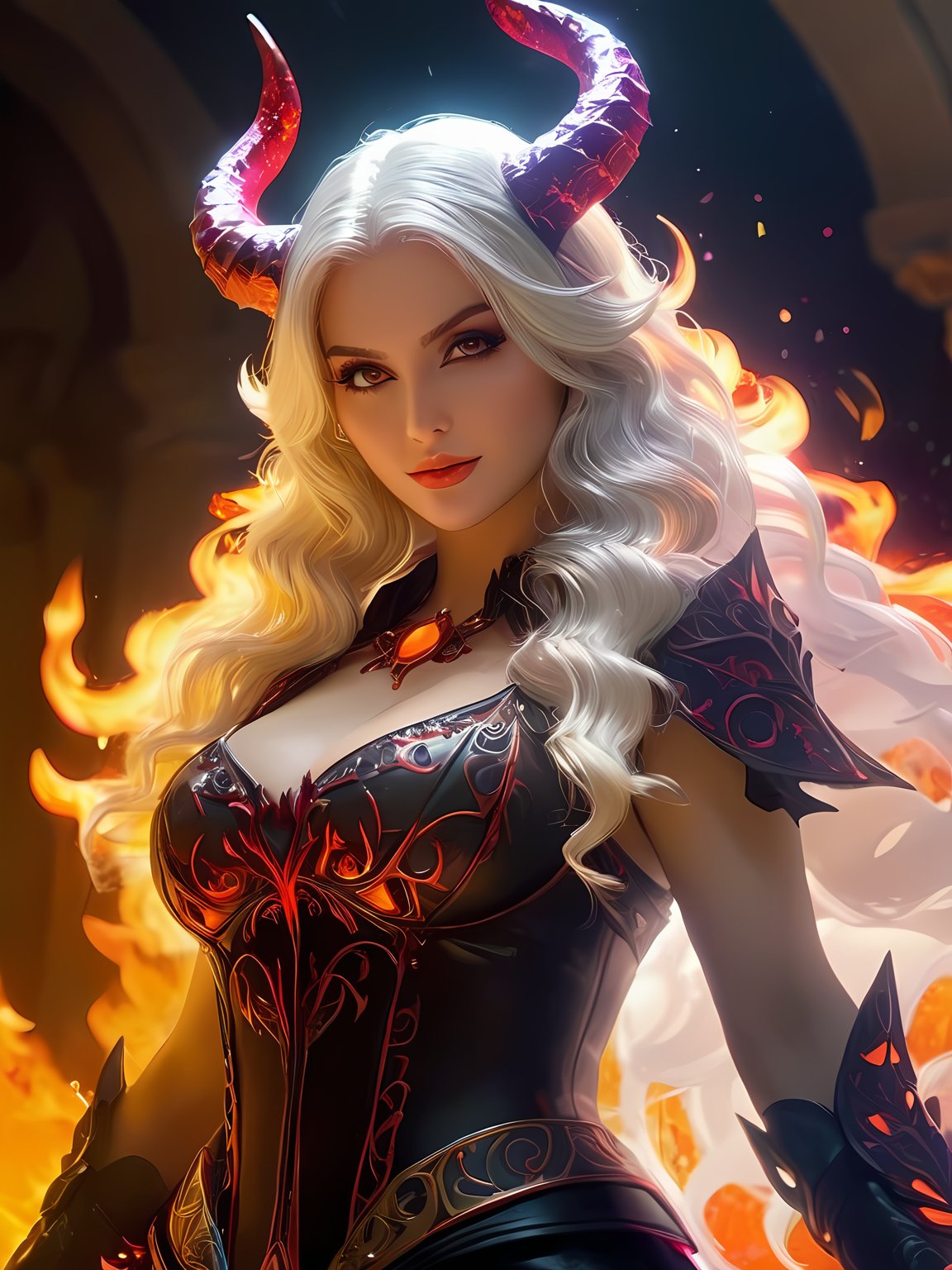 (cute demoness with flame horns, flaming veins), (masterpiece, best quality, ultra-detailed, best shadow), (detailed background,dark fantasy), (beautiful detailed face), high contrast, (best illumination, an extremely delicate and beautiful), ((cinematic light)), colorful, hyper detail, dramatic light, intricate details, (1girl, solo,white hair, sharp face, amber eyes, hair between eyes,dynamic angle), blood splatter, swirling black light around the character, depth of field,black light particles,(broken glass),magic circle, full body, ,h4n3n