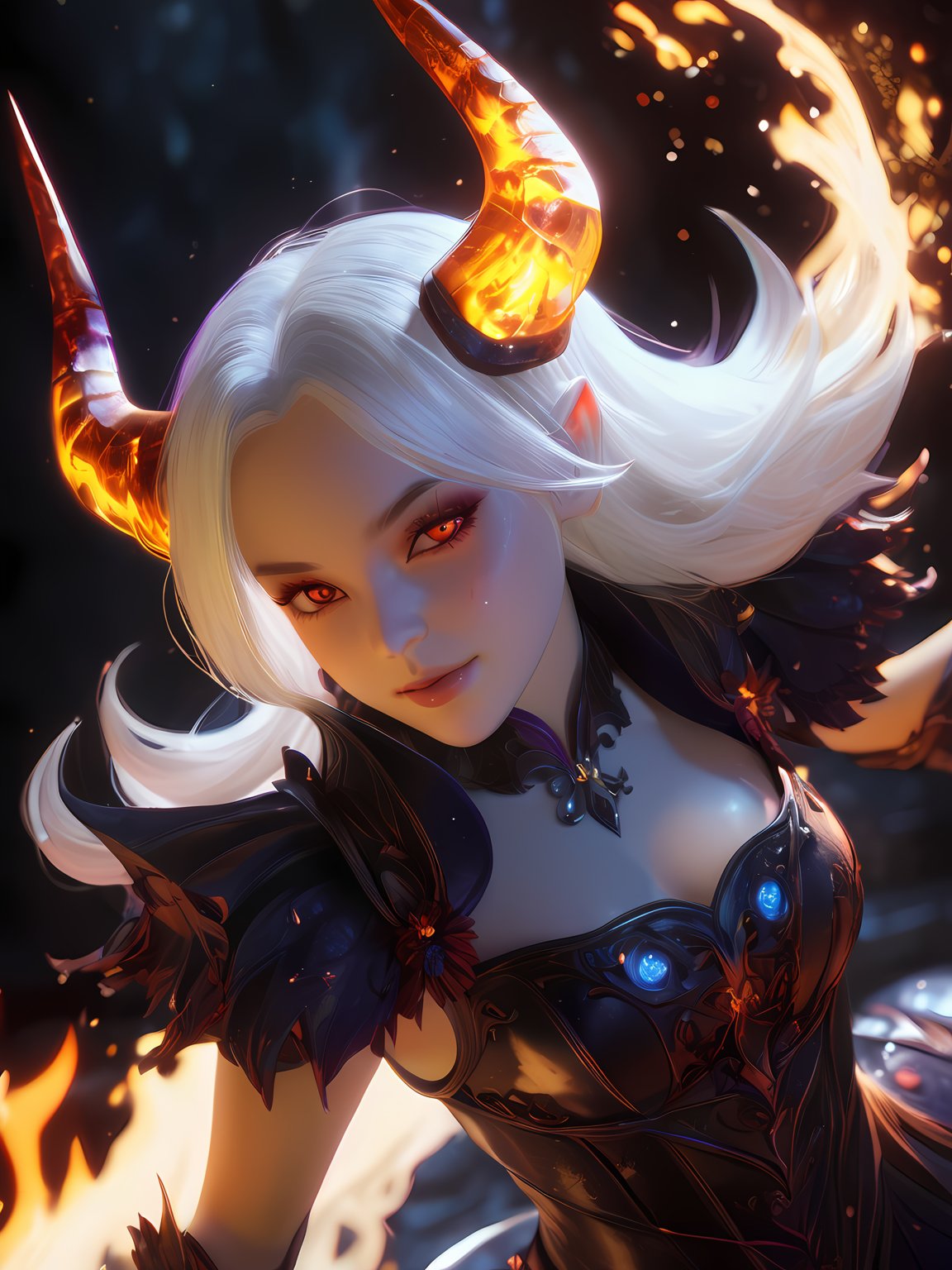 (cute demoness with flame horns, flaming veins), (masterpiece, best quality, ultra-detailed, best shadow), (detailed background,dark fantasy), (beautiful detailed face), high contrast, (best illumination, an extremely delicate and beautiful), ((cinematic light)), colorful, hyper detail, dramatic light, intricate details, (1girl, solo,white hair, sharp face, amber eyes, hair between eyes,dynamic angle), blood splatter, swirling black light around the character, depth of field,black light particles,(broken glass),magic circle, full body, ,ch3ls3a