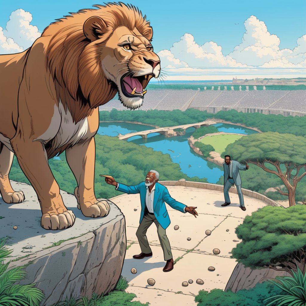 Morgan Freeman throwing a stone at the female lion,  looking to zoo monkey section, ((Bird’s eye view)), (in the combined style of Mœbius and french comics), (minimal vector:1.1)