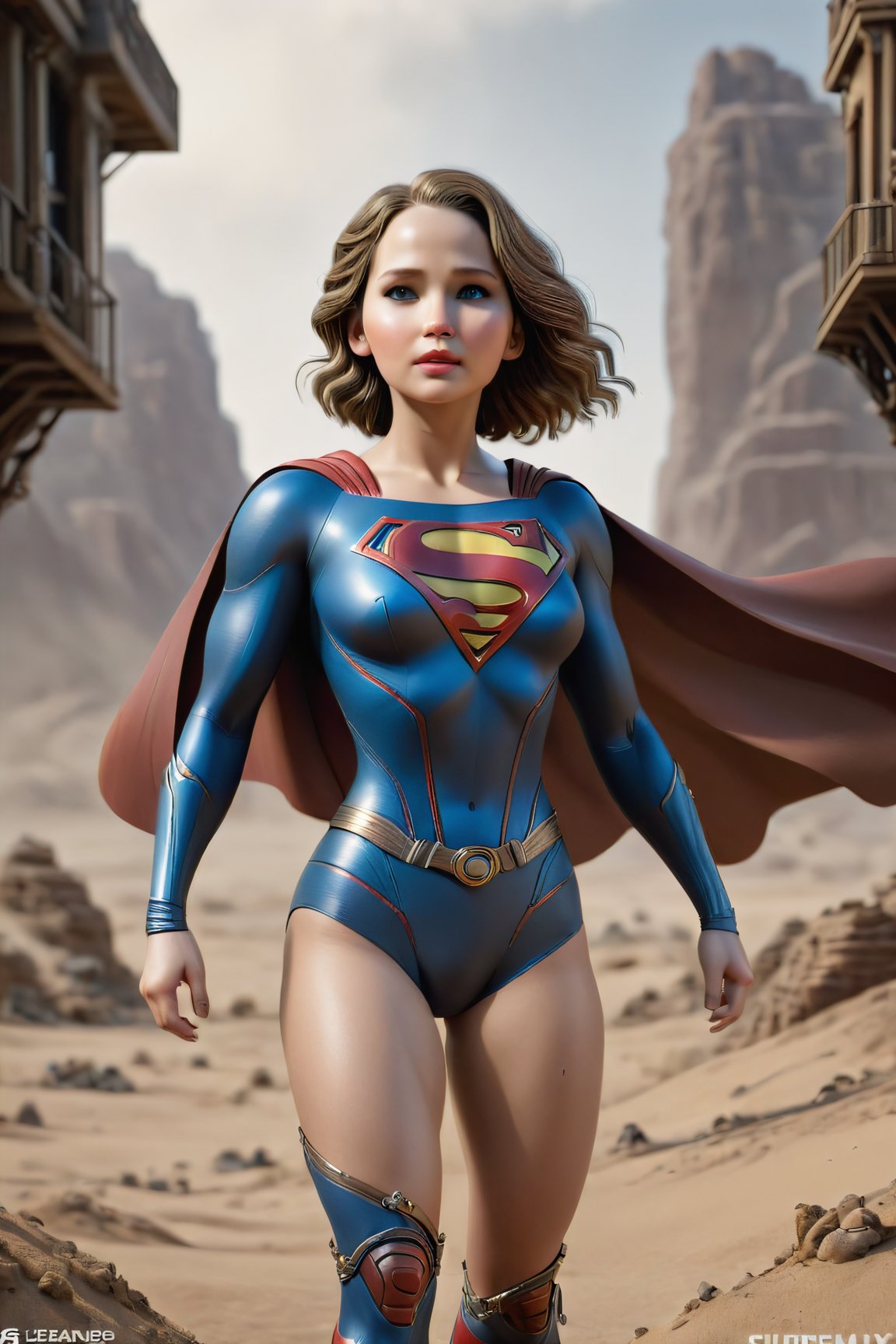 full body , masterpiece, 1girl, solo, photo of superman costume , (full body),  fighting pose, legs, boot, tight bodysuit, looking at viewer, tan skin, sagging breast, makeup, dark lips, floating in dessert, detailed skin, detailed eyes, depth of field, 8k uhd, dslr, dim lighting, high quality, film grain, detailed eyes, unreal engine 5, detailed face, perfect anatomy,
,Movie Still,Film Still,Leonardo Style,HZ Steampunk, jennifer lawrence