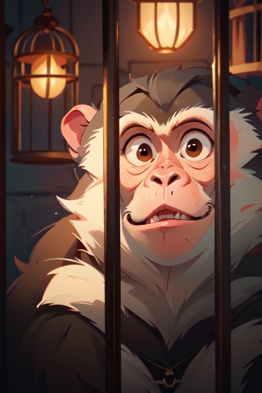 (illustration of monkey at cage), background at the village, looked from afar, art by Atey Ghailan,masterpieece