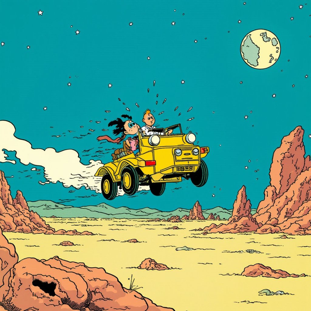 titin_style, A cartoon ilustration flying car at moon surface