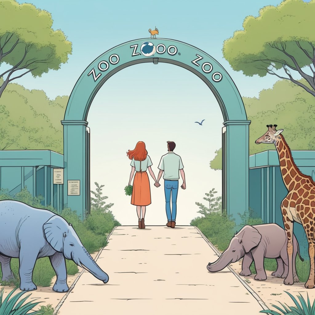 A happy couple entering a zoo, holding hands, seen from drone, (in the combined style of Mœbius and french comics), (minimal vector:1.1), simple background,