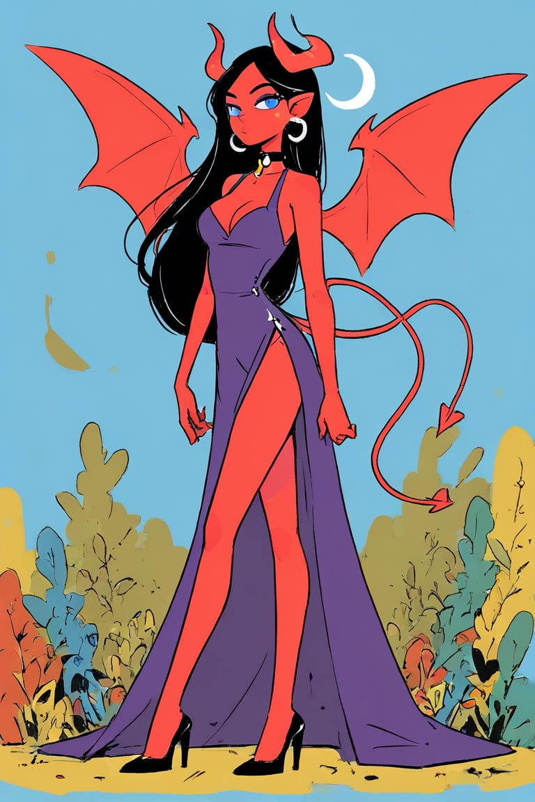 1girl, solo, horns, earrings, jewelry, breasts, cleavage, black footwear, black hair, blue eyes, choker, colored skin, crescent, crescent earrings, cross, cross earrings, demon girl, demon horns, demon wings, dress, full body, high heels, long hair, looking at viewer, purple dress, purple lips, red skin, side slit, standing, wings, yellow gemstone, outdoors, nature, day