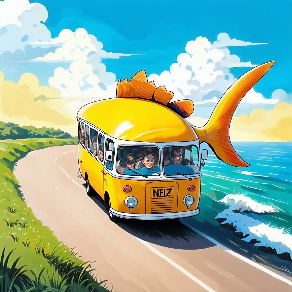 A quirky, imaginative illustration of a fish-shaped bus, cruising down a coastal road. Through the open windows, passengers can be seen inside. The overall atmosphere of the image is whimsical, with a touch of surrealism.