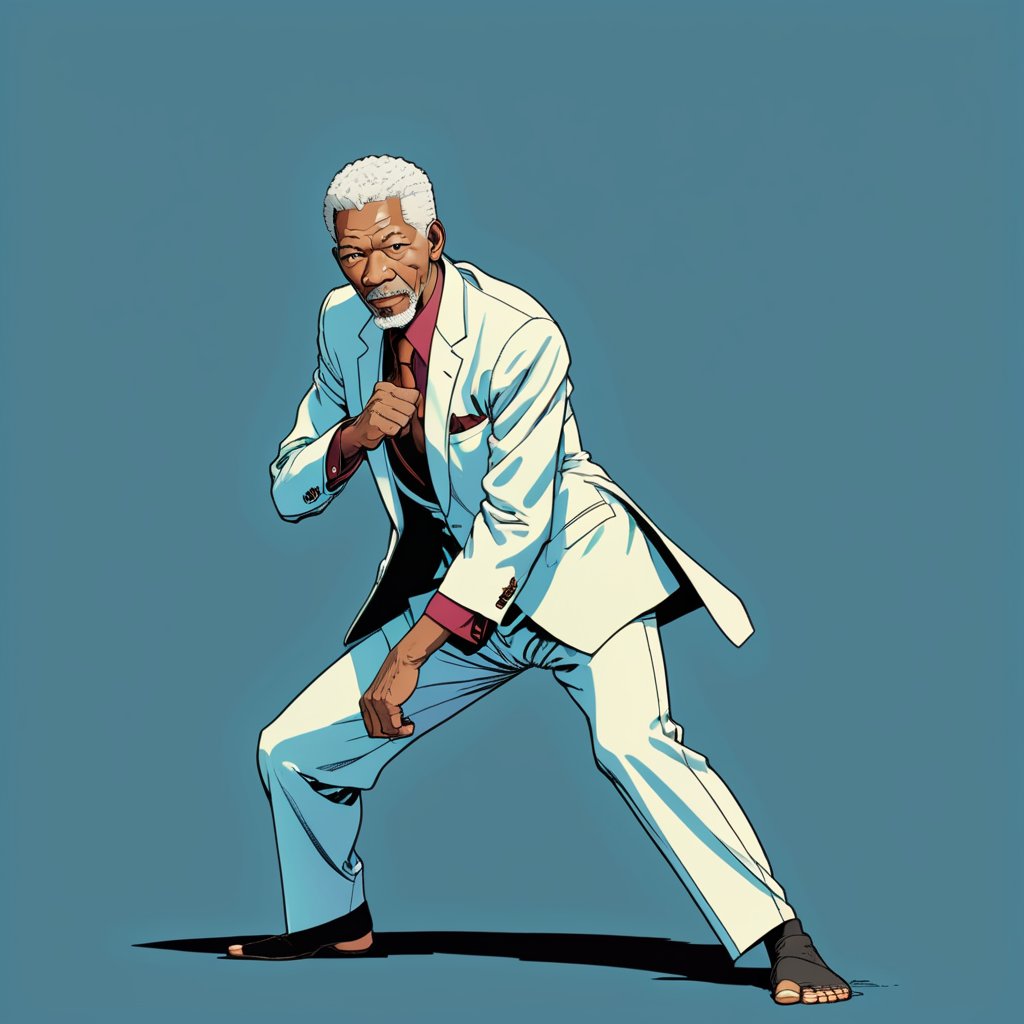 Morgan Freeman, (wearing suit), silat position, (in the combined style of Mœbius and french comics), (minimal vector:1.1)