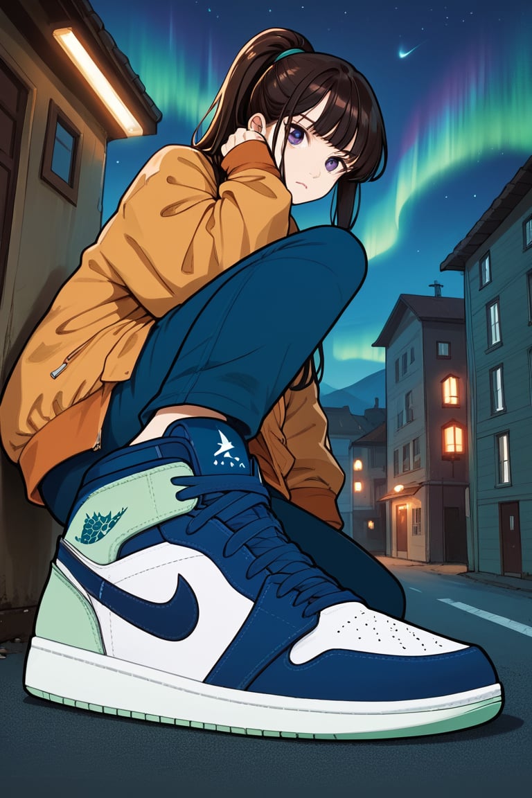 score_9, score_8_up, score_7_up, score_6_up, score_5_up, score_4_up, hud_sh03_sh0w, 1girl, solo, sneakers, nike, pants, jacket, foreshortening, ponytail, looking at viewer, , night sky, aurora