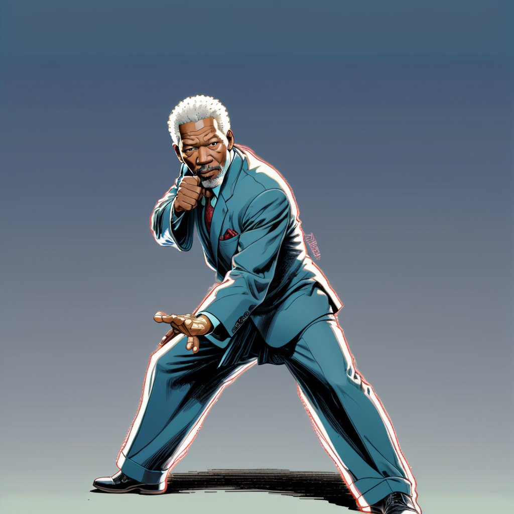 Morgan Freeman, (wearing suit), silat position, (in the combined style of Mœbius and french comics), (minimal vector:1.1)