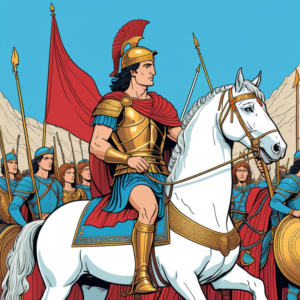 An illustration of Alexander the Great with his cavalry, (in the combined style of Mœbius and french comics), (minimal vector:1.1)